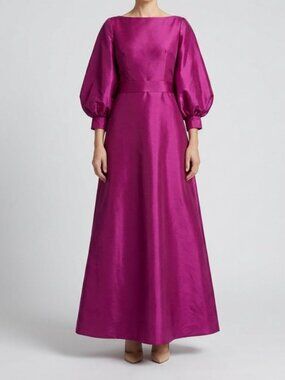 Reem Acra Women's Purple Silk Boatneck Balloon Sleeve Belted Gown Dress Size 4